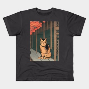 Japanese Cat at a traditional wood house Kids T-Shirt